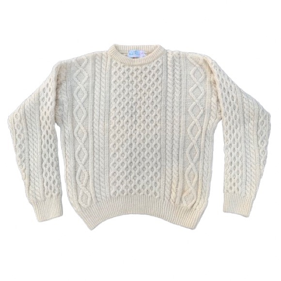 Vintage Pure New Wool Irish Fisherman Cable Knit Aran Crewneck Sweater Quills XL - Picture 1 of 10